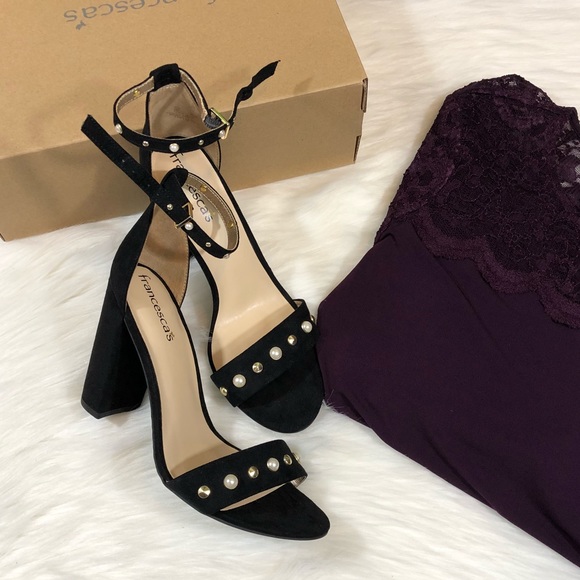 Francesca's Collections Shoes - Black suede pearl detail open toe heels